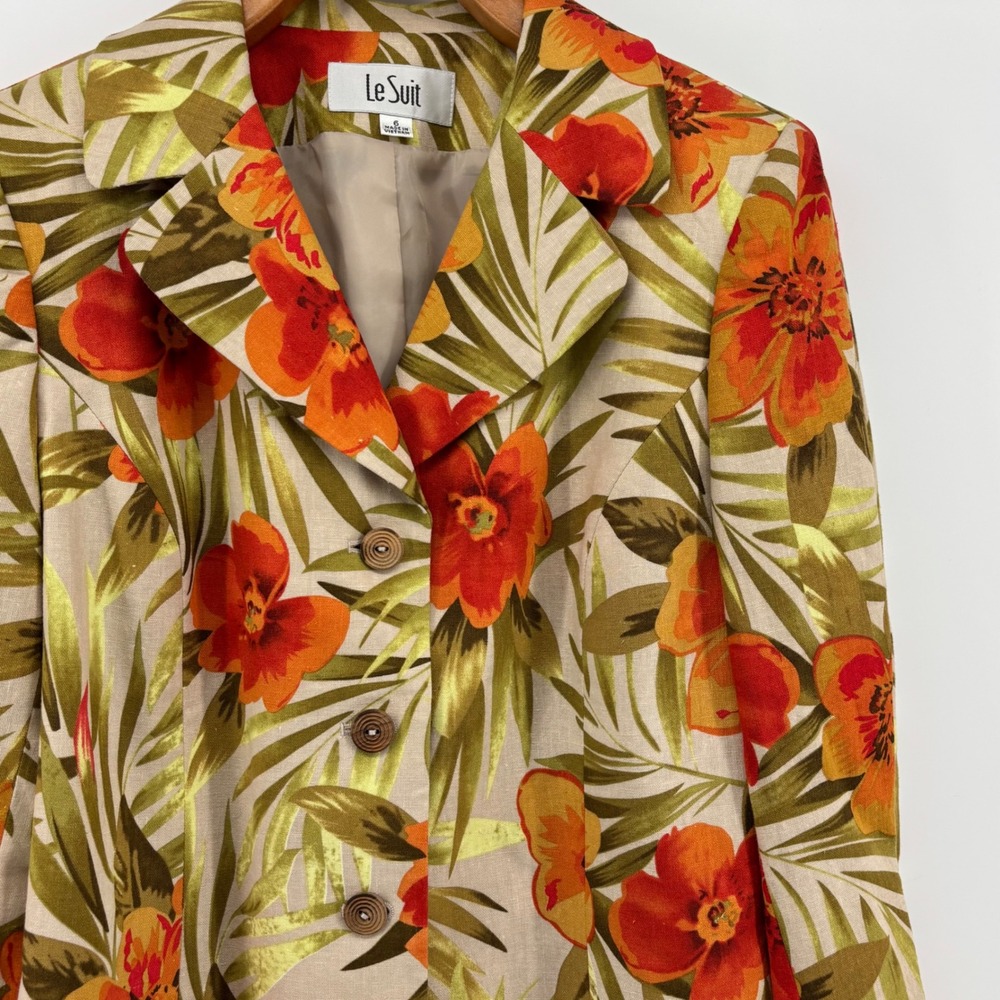 Le Suit Womens 6 Tropical Floral Linen Blend Blazer Orange Green Hibiscus Jacket - Picture 2 of 10